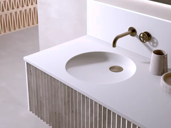 Plan vasque lavabo rond, sur mesure, Largeur 61 à 200 cm x Profondeur 46 à 80 cm, résine composite de haute qualité, Finition lisse blanc BRILLANT laqué ou mate, Livraison Offerte.
